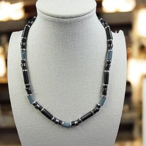 KillerBeads Mens Necklace Black Wood Bead Tribal Surfer Y2K Boho 17" Silver